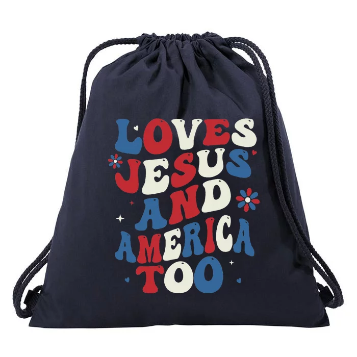 Retro Loves Jesus And America Too God Christian 4th Of July Drawstring Bag