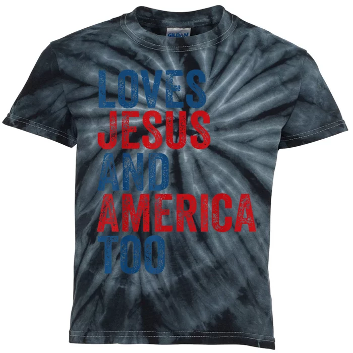 Retro Loves Jesus and America Too God Christian 4th of July Kids Tie-Dye T-Shirt