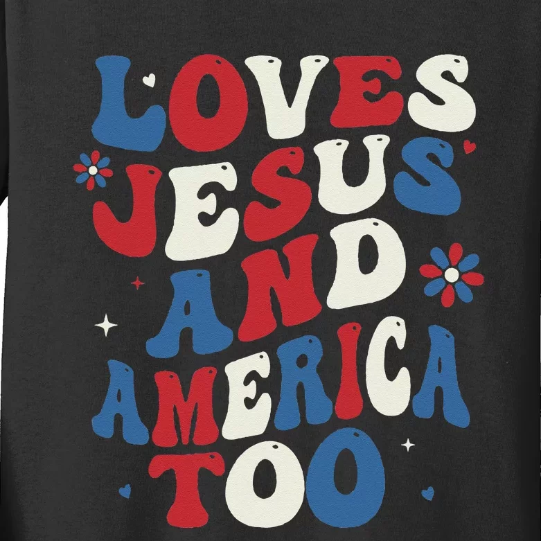 Retro Loves Jesus and America Too God Christian 4th of July Kids Long Sleeve Shirt