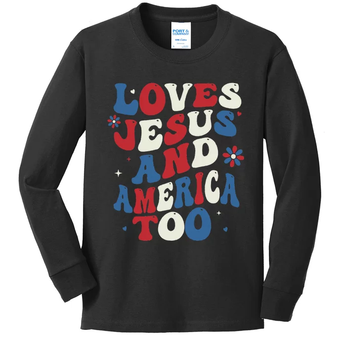 Retro Loves Jesus and America Too God Christian 4th of July Kids Long Sleeve Shirt