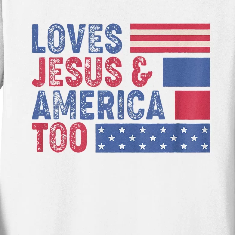 Retro Loves Jesus and America Too God Christian 4th of July Kids Long Sleeve Shirt