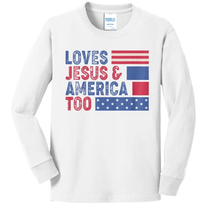 Retro Loves Jesus and America Too God Christian 4th of July Kids Long Sleeve Shirt