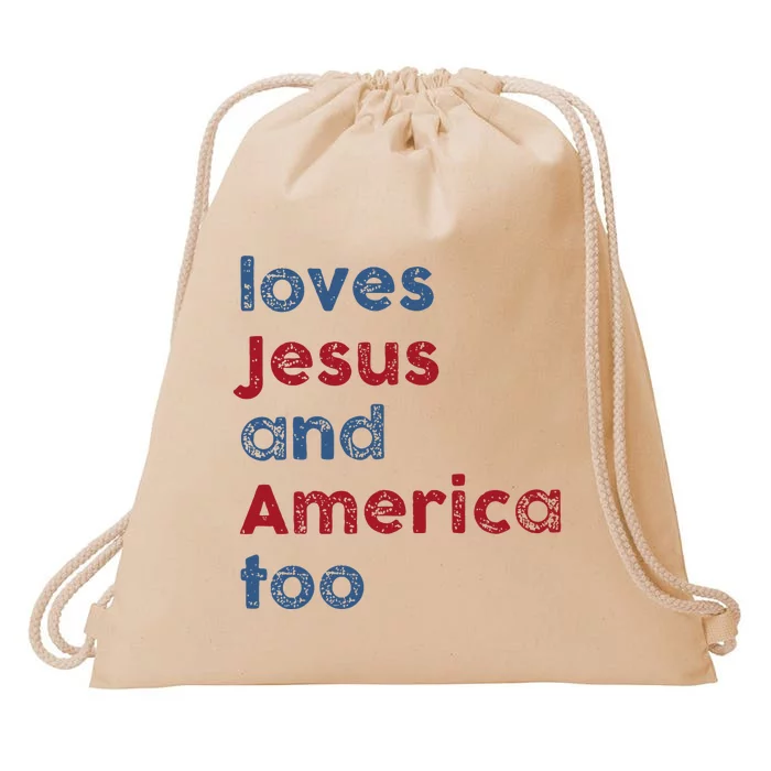 Retro Loves Jesus and America Too God Christian 4th of July Drawstring Bag