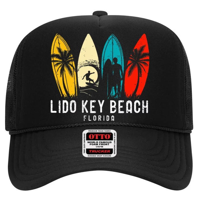 Retro Lido Key Beach Florida Surfboarder High Crown Mesh Trucker Hat