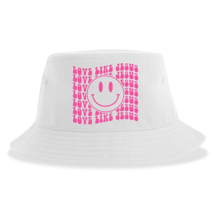 Retro Love Like Jesus Happy Face Aesthetic Sustainable Bucket Hat