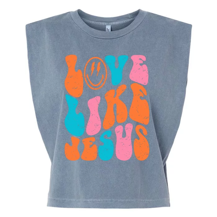 Retro Love Like Jesus Smiling Face Christian Religious Faith Garment-Dyed Women's Muscle Tee