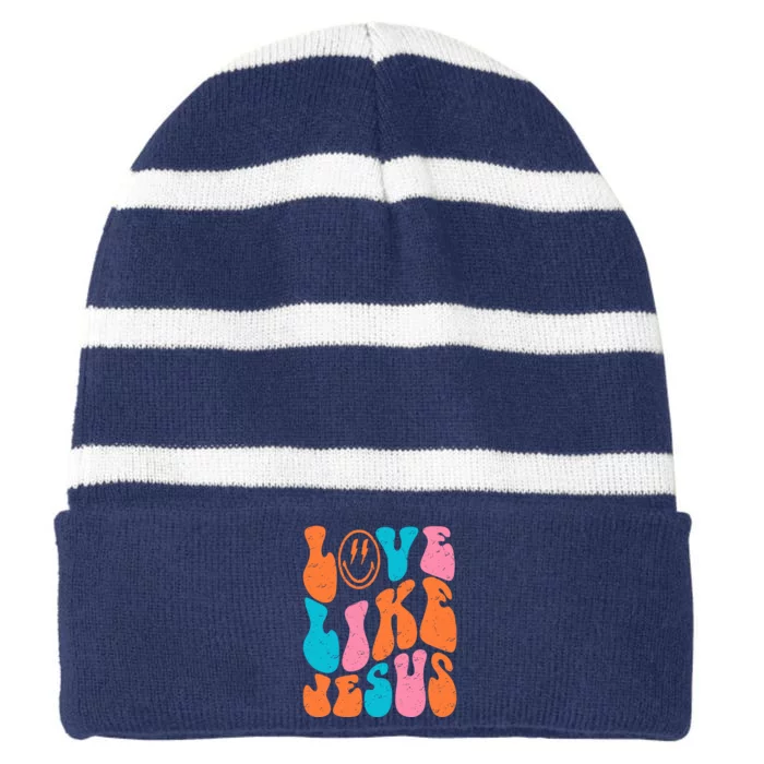 Retro Love Like Jesus Smiling Face Christian Religious Faith Striped Beanie with Solid Band