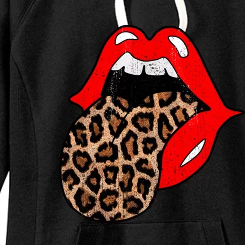 Red Lips Leopard Tongue Gift Vintage Trendy Animal Print Gift Women's Fleece Hoodie