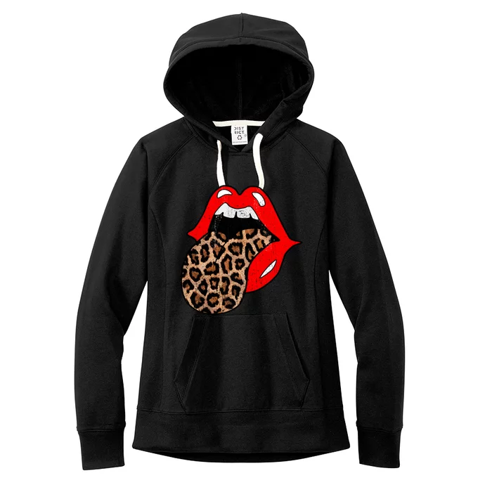 Red Lips Leopard Tongue Gift Vintage Trendy Animal Print Gift Women's Fleece Hoodie