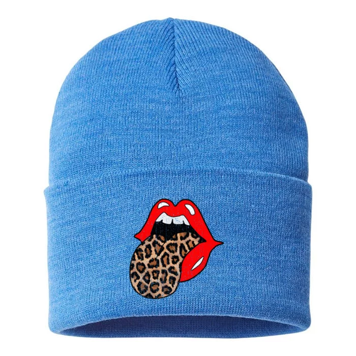 Red Lips Leopard Tongue Gift Vintage Trendy Animal Print Gift Sustainable Knit Beanie