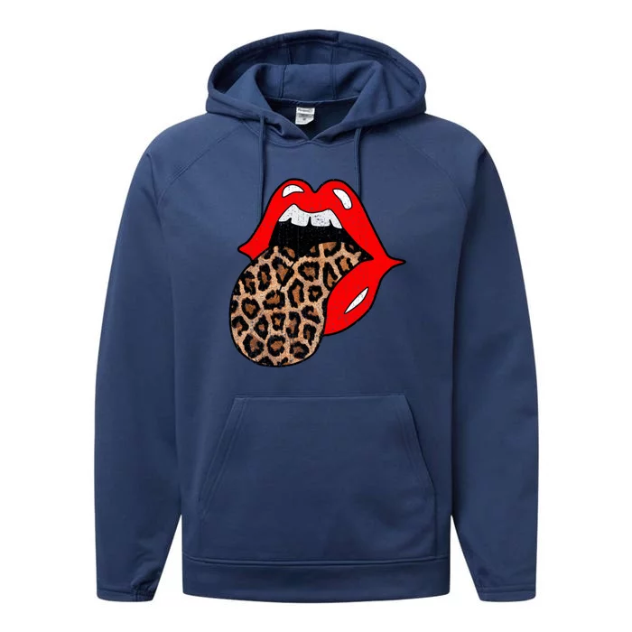 Red Lips Leopard Tongue Gift Vintage Trendy Animal Print Gift Performance Fleece Hoodie