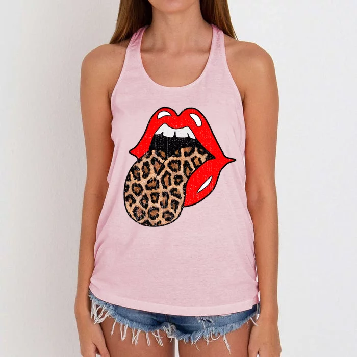 Red Lips Leopard Tongue Gift Vintage Trendy Animal Print Gift Women's Knotted Racerback Tank