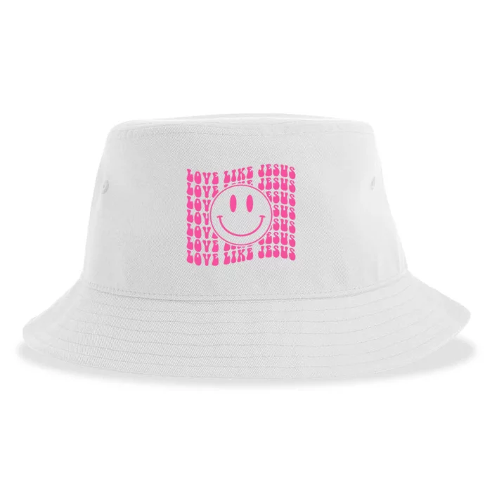 Retro Love Like Jesus Happy Face Aesthetic Sustainable Bucket Hat