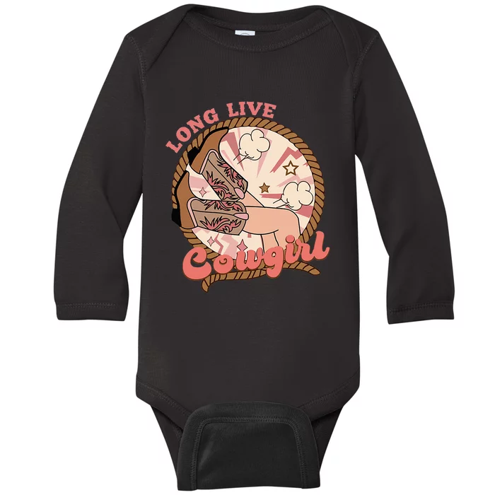 Retro Long Live Howdy Bronc Rodeo Riding Horse Cowgirls Boot Baby Long Sleeve Bodysuit