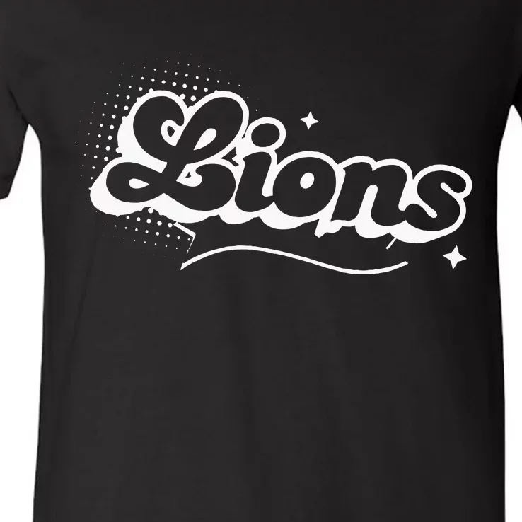 Retro Lions Mascot Back To School Spirit Sport Fans Game V-Neck T-Shirt