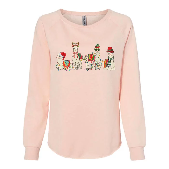 Retro Lama Merry Christmas Sweatshirt Llama Xmas Light Funny Alpaca Womens California Wash Sweatshirt