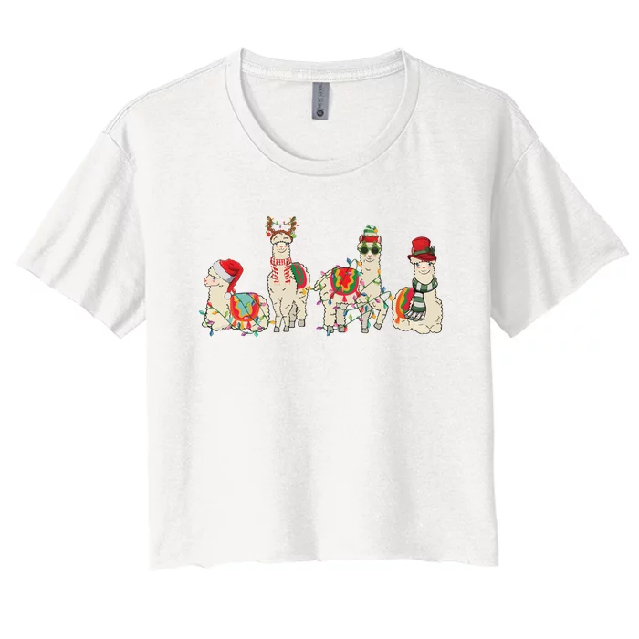 Retro Lama Merry Christmas Sweatshirt Llama Xmas Light Funny Alpaca Women's Crop Top Tee