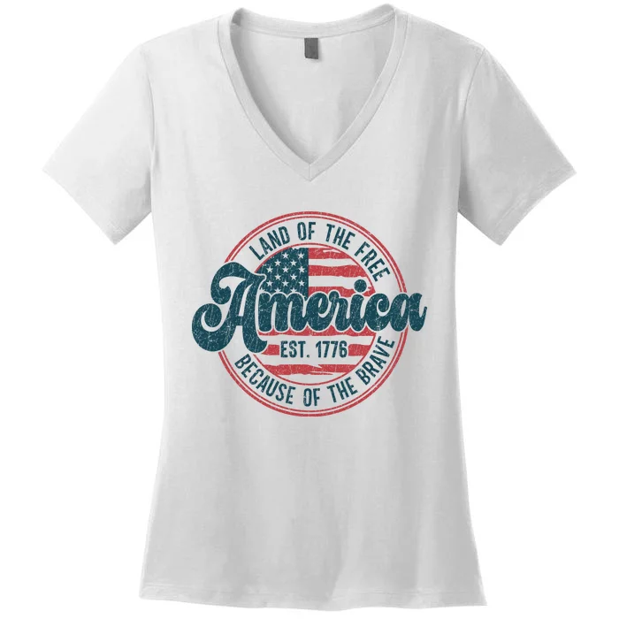 Retro Land Of The Free Because Of The Brave Women's V-Neck T-Shirt