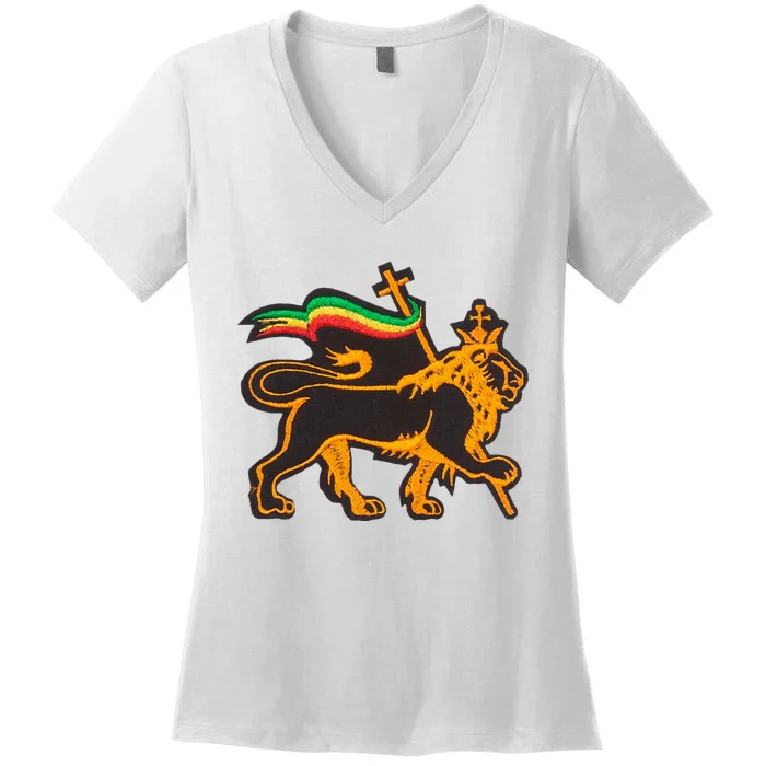 Rasta Lion Of Judah Pride Of Judaism Ethiopia And Christian Women's V-Neck T-Shirt