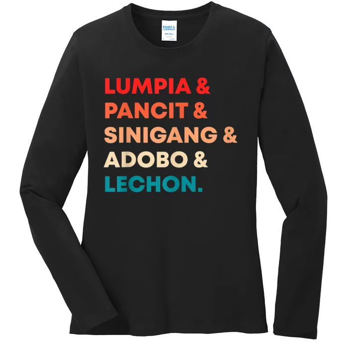 Retro Lumpia Pancit Sinigang Adobo Lechon Filipino Filipina Ladies Long Sleeve Shirt