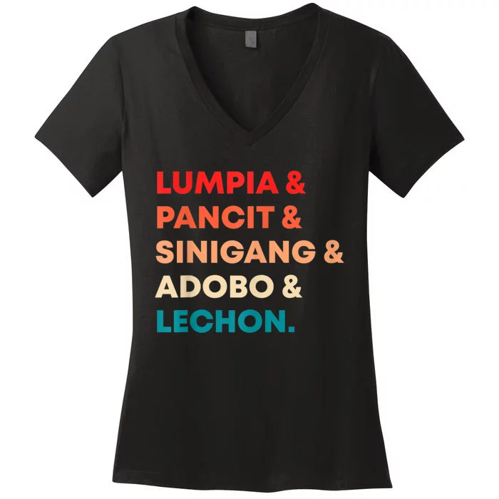 Retro Lumpia Pancit Sinigang Adobo Lechon Filipino Filipina Women's V-Neck T-Shirt