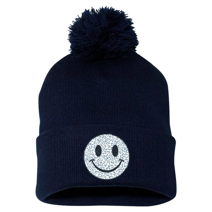 Retro Leopard Print Emoji Smiley Pom Pom 12in Knit Beanie