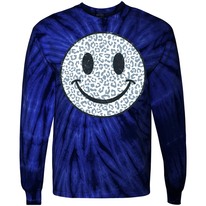 Retro Leopard Print Emoji Smiley Tie-Dye Long Sleeve Shirt