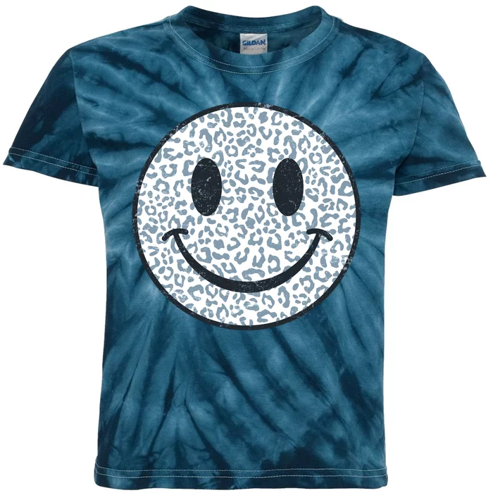 Retro Leopard Print Emoji Smiley Kids Tie-Dye T-Shirt