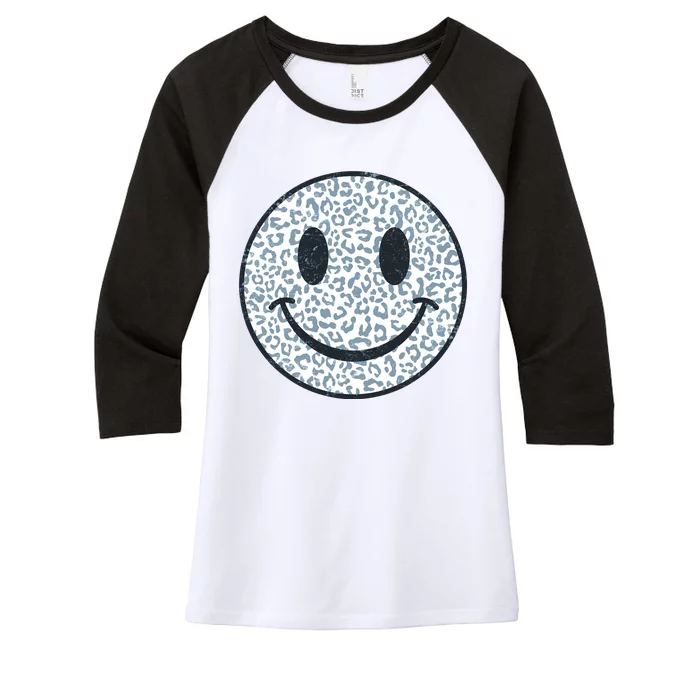 Retro Leopard Print Emoji Smiley Women's Tri-Blend 3/4-Sleeve Raglan Shirt