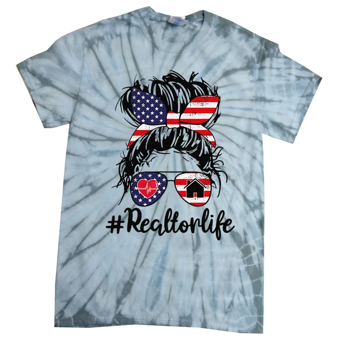 Realtor Life Real Estate 4th of July Messy Bun Flag US Tie-Dye T-Shirt