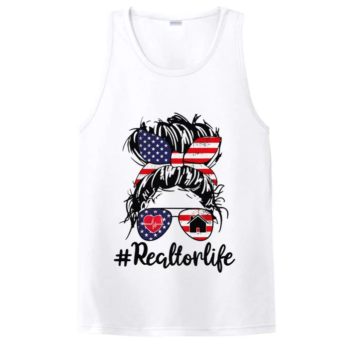 Realtor Life Real Estate 4th of July Messy Bun Flag US Performance Tank