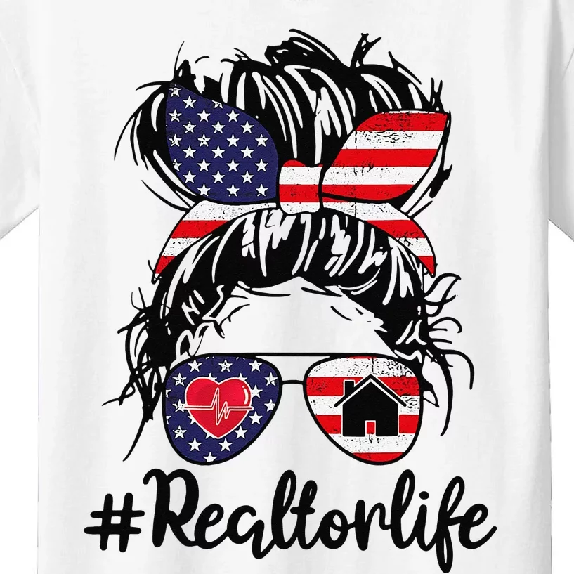 Realtor Life Real Estate 4th of July Messy Bun Flag US Kids T-Shirt