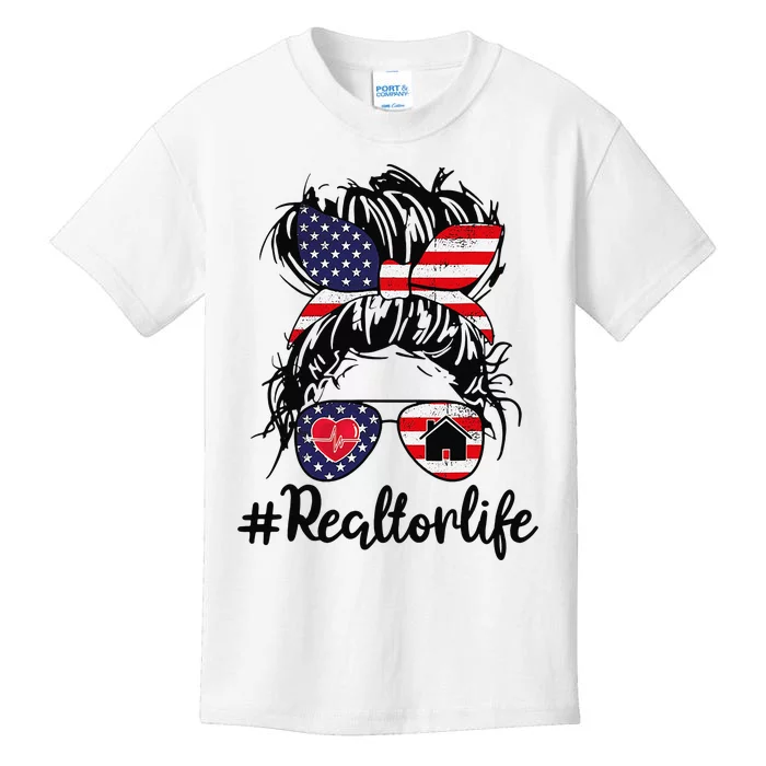 Realtor Life Real Estate 4th of July Messy Bun Flag US Kids T-Shirt