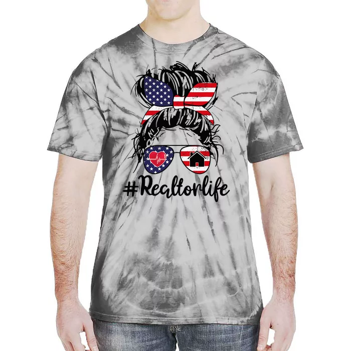 Realtor Life Real Estate Agent American USA Flag Messy Bun Tie-Dye T-Shirt