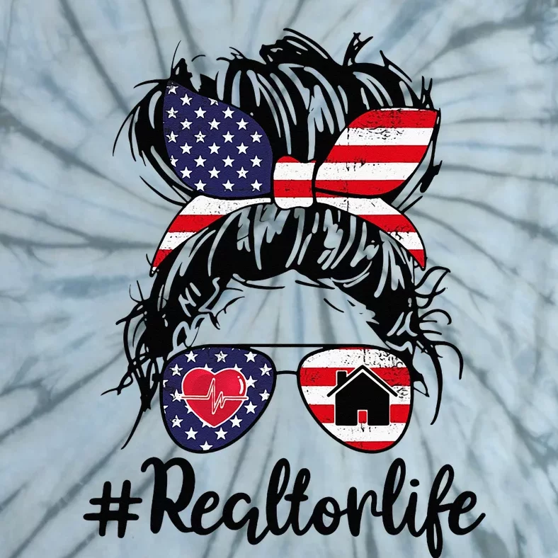 Realtor Life Real Estate Agent American USA Flag Messy Bun Tie-Dye T-Shirt