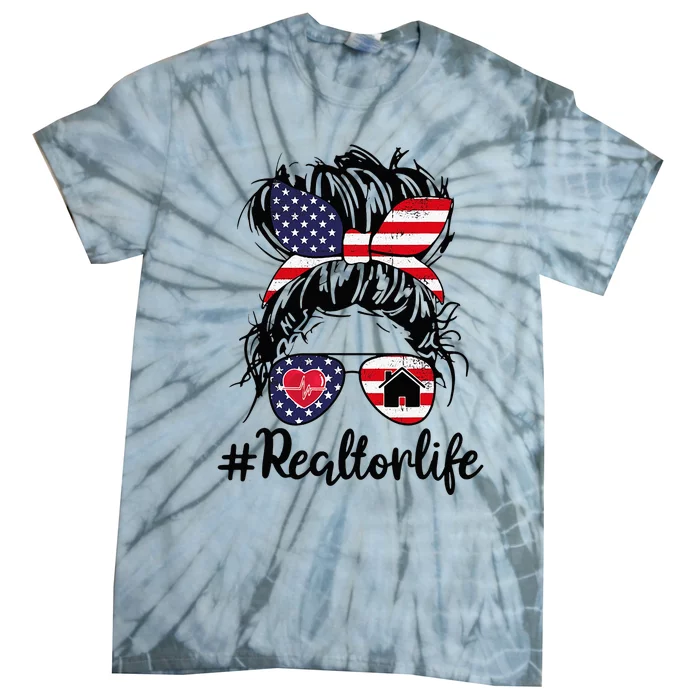 Realtor Life Real Estate Agent American USA Flag Messy Bun Tie-Dye T-Shirt