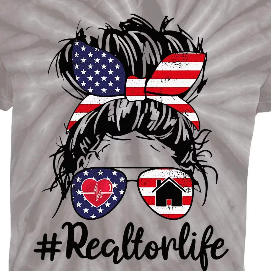 Realtor Life Real Estate Agent American USA Flag Messy Bun Kids Tie-Dye T-Shirt