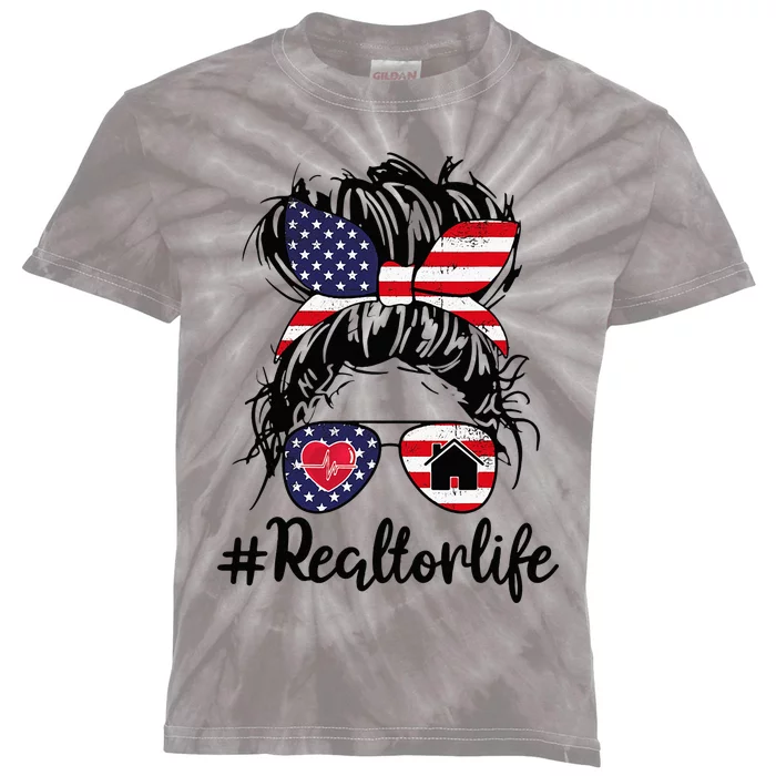 Realtor Life Real Estate Agent American USA Flag Messy Bun Kids Tie-Dye T-Shirt