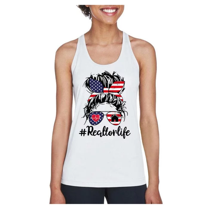 Realtor Life Real Estate Agent American USA Flag Messy Bun Women's Racerback Tank