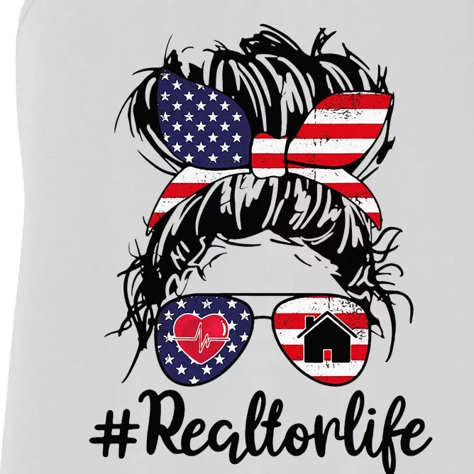 Realtor Life Real Estate Agent American USA Flag Messy Bun Women's Racerback Tank