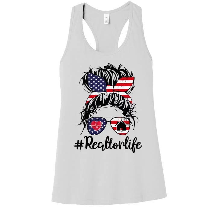 Realtor Life Real Estate Agent American USA Flag Messy Bun Women's Racerback Tank