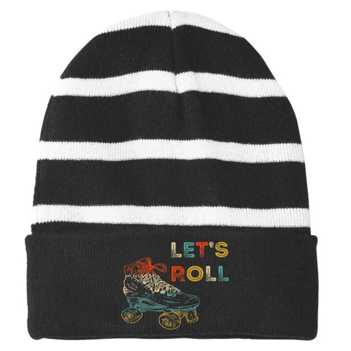 Retro LetS Roll Roller Skating Skater Skate Vintage 70s 80s Striped Beanie with Solid Band