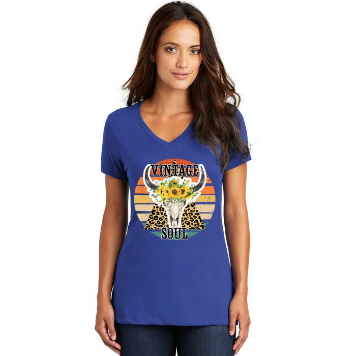 Retro Leopard Sunflower Bull Skull Vintage Soul Western Girl Gift Women's V-Neck T-Shirt