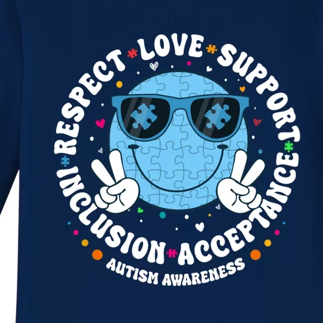 Respect Love Support Acceptance Inclusion Autism Smile Face Gift Baby Long Sleeve Bodysuit