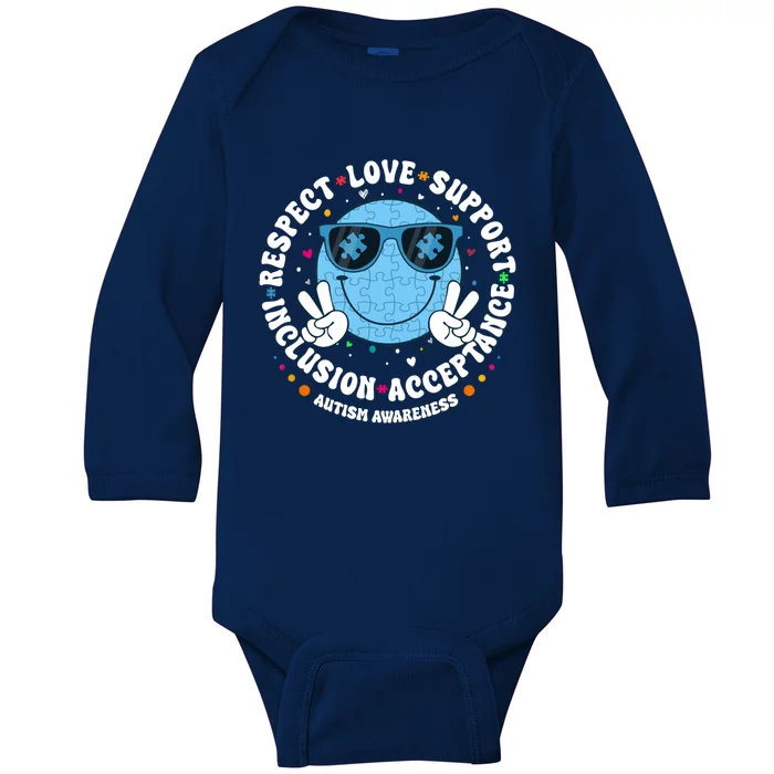 Respect Love Support Acceptance Inclusion Autism Smile Face Gift Baby Long Sleeve Bodysuit