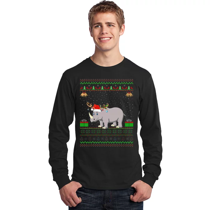 Rhino Lover Santa Hat Matching Ugly Rhino Christmas Long Sleeve Shirt