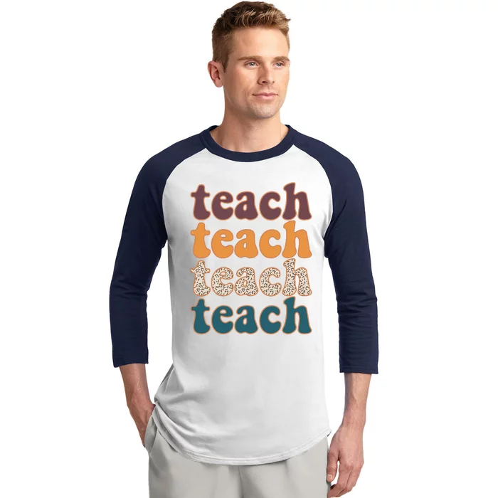 Retro Leopard Teach For Teacher Elementary School Baseball Sleeve Shirt