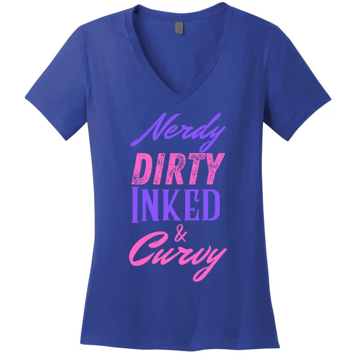 Reading Lovers Tattoo Design Nerdy Dirty Inked And Curvy Gift Women's V-Neck T-Shirt