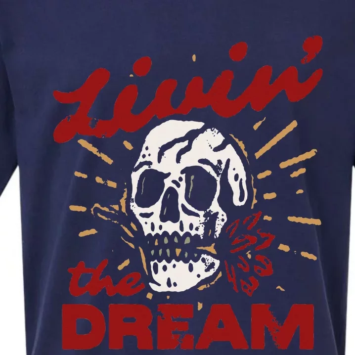 Retro Livin The Dream Skull With Rose Western Southerm Sueded Cloud Jersey T-Shirt