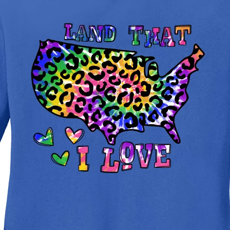 Retro Land That I Love Tie Dye Patriotic Aesthetic Usa Map Cool Gift Ladies Long Sleeve Shirt